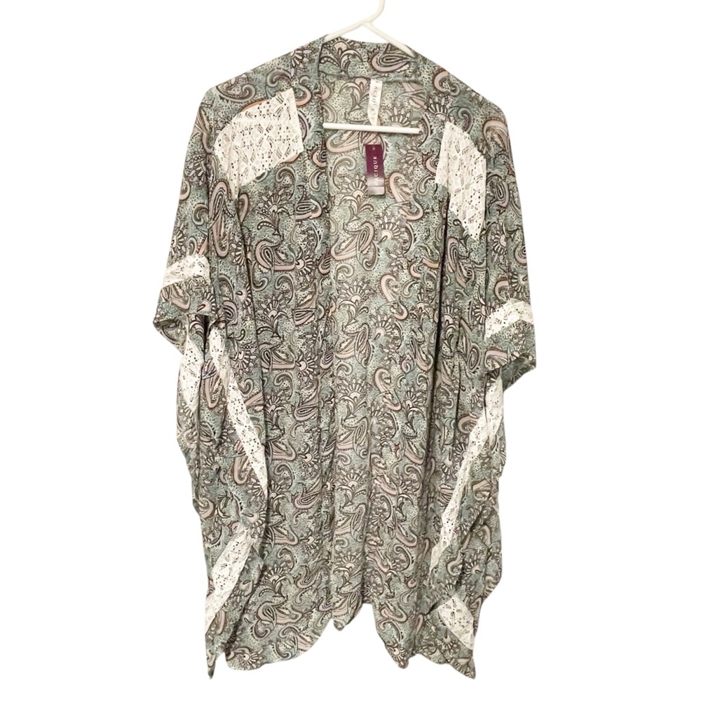 Cacique Plus Size 18/20 Green Paisley Lace Trim Kimono Open Front Coverup NEW